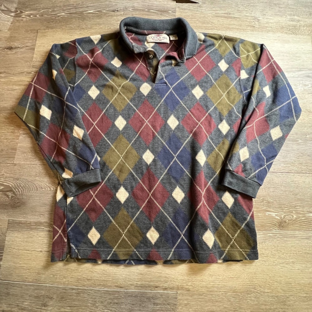 Cotton Mill Argyle Polo Shirt Mens Medium Multicolor Long Sleeve Knit AU75